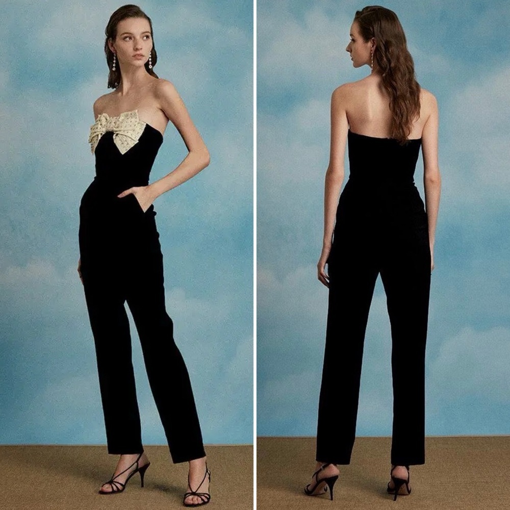 Saloni Sabine Strapless Bow Jumpsuit Black Ivory US 4 NWOT - Picture 9 of 16